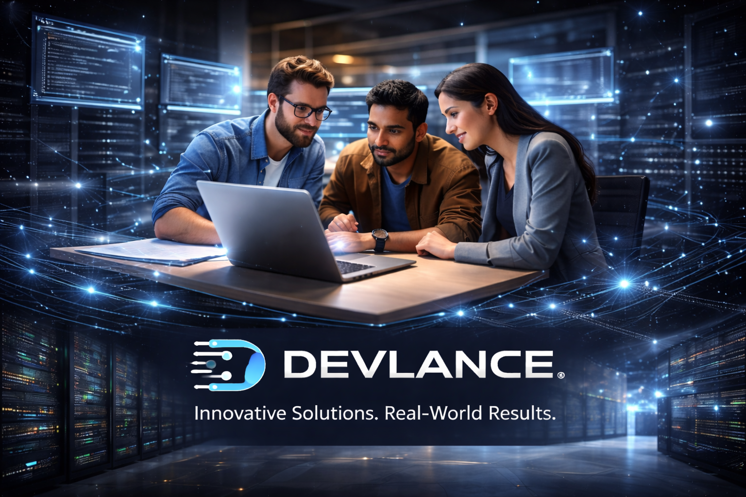 tech teamwork in a futuristic office